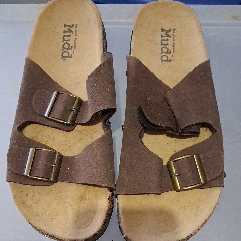 Mudd womens Brown Double-Buckle Slide Sandals with Antique Brass Buckles